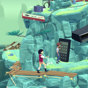Videogame clip of children exploring island covered in giant electronic devices